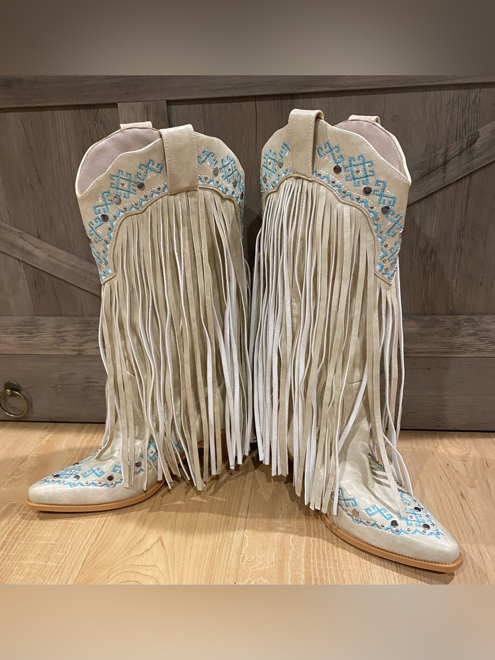 Fringed Cream Western Heeled Boots with Turquoise Embroidery